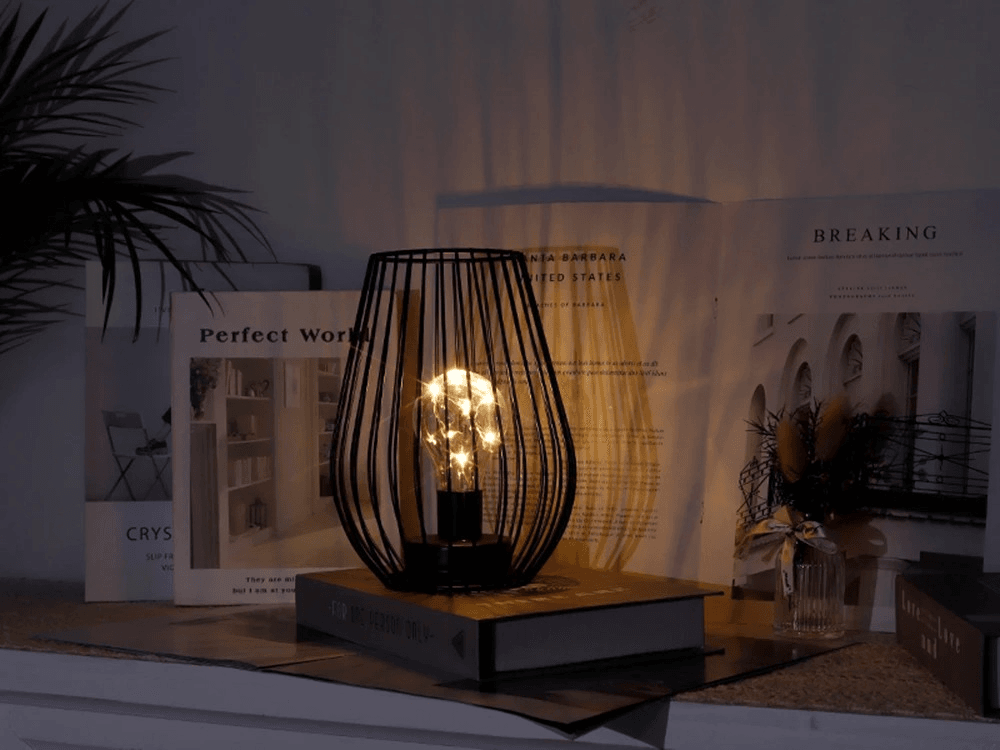 Vintage Black Metal Cage Table Lamp - Roman Decor