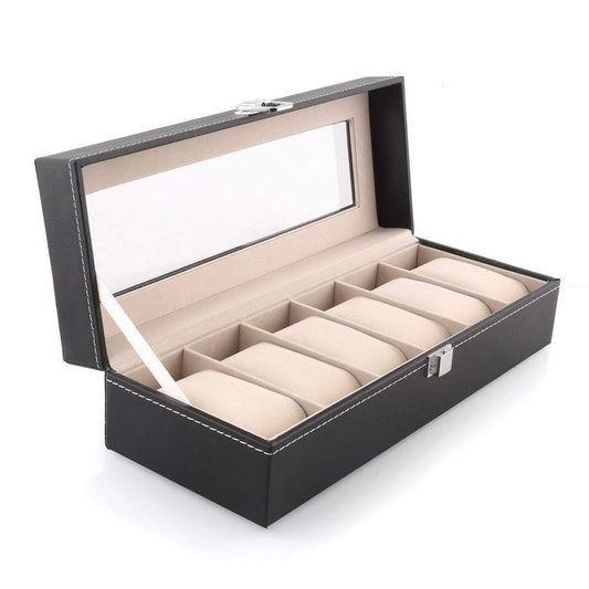 Stylish watch box organizer by ROMANDECOR.IN with black exterior and beige cushioned compartments for six watches