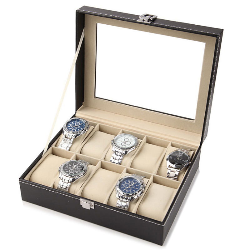 ROMANDECOR.IN stylish watch box organizer with black leather and clear glass top holding six silver watches